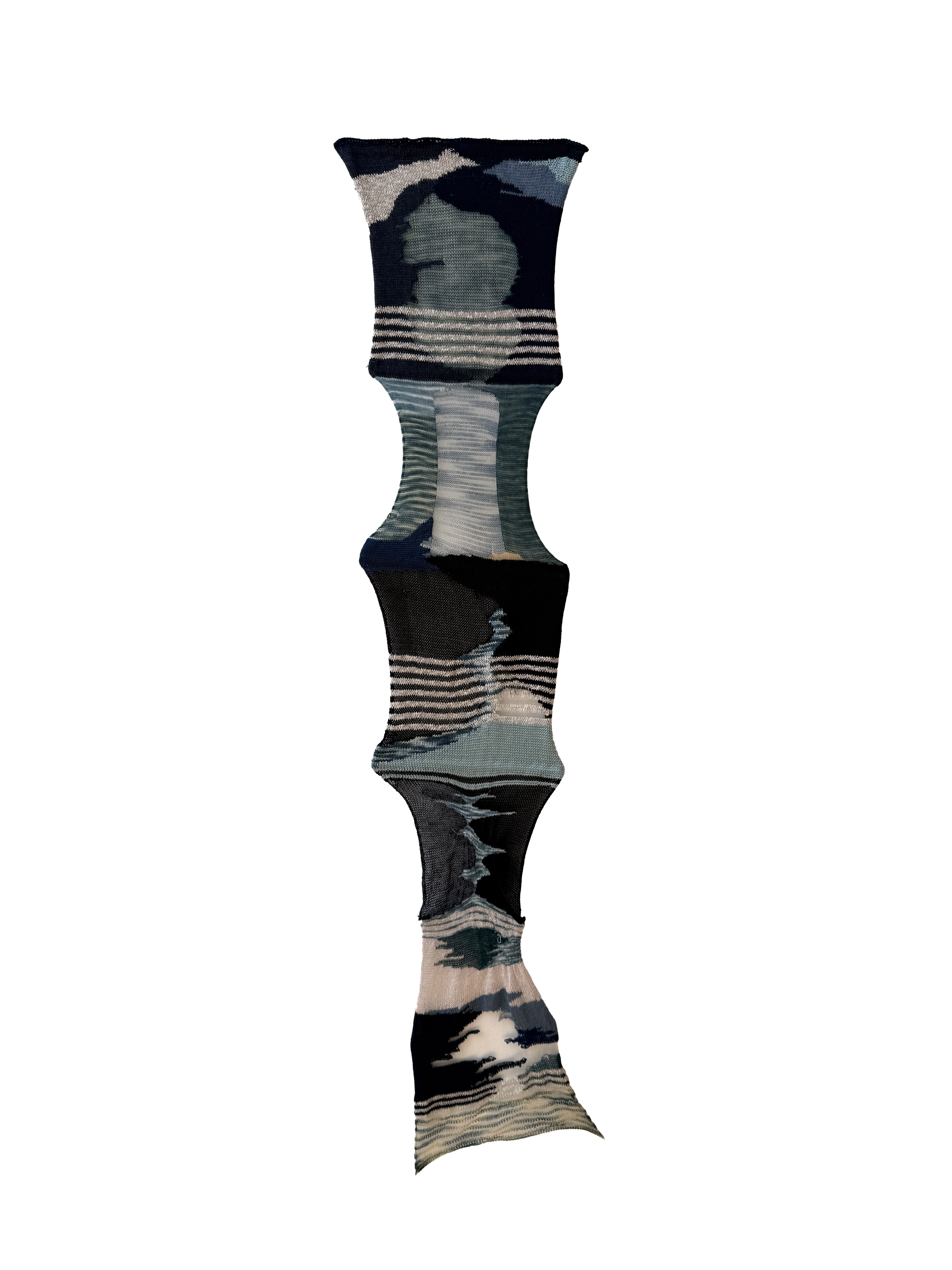 "Intarsia." Free form intarsia with various yarns including hand-dyed indigo rayon/nylon/cotton yarns and deadstock yarns.