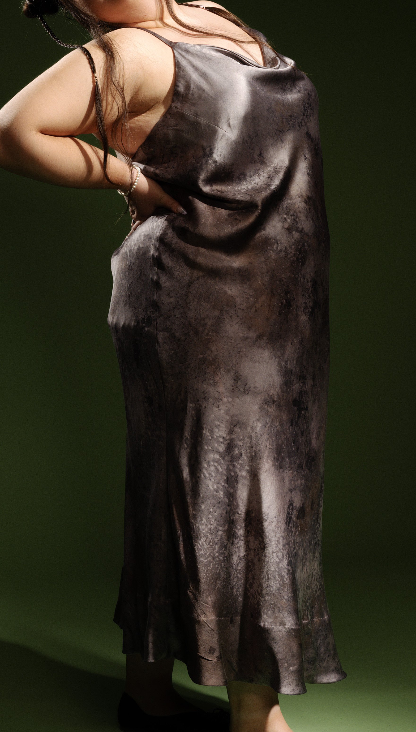 Plus Size Bias Cut Silk Charmeuse Dress. Gallnut, Iron, Cutch. Modified with Soda Ash, Iron, and Citric Acid.