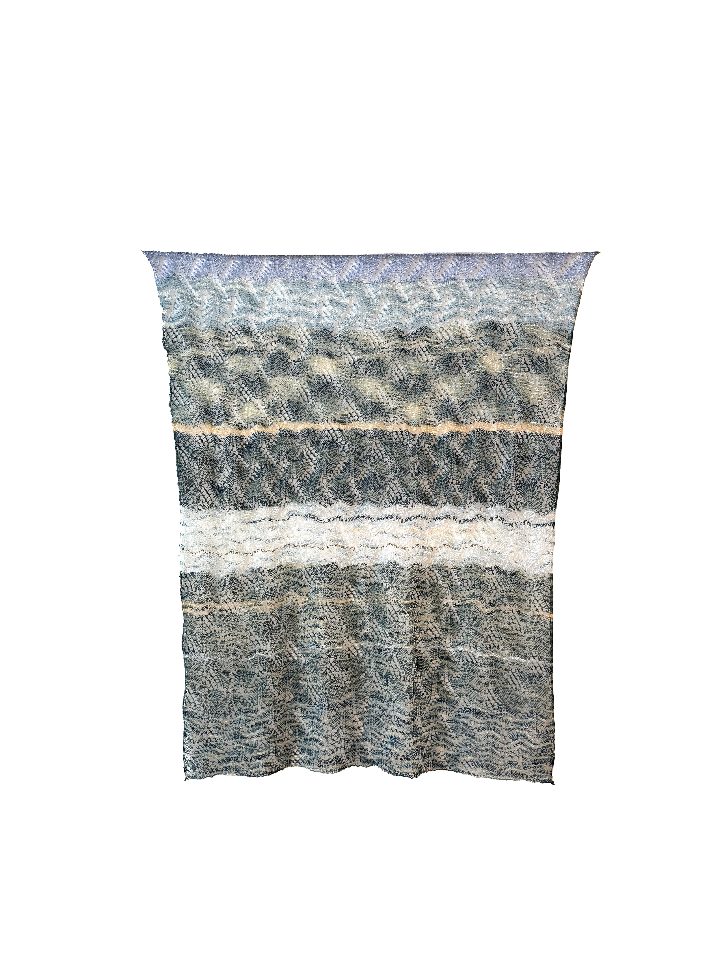"Lacey." Two lace structures meshed together to create a flowing pattern, 2 repeats horizontally and 2 repeats vertically. All hand manipulated. Various space dyed indigo dipped rayon/nylon/cotton yarn and deadstock yarns.
