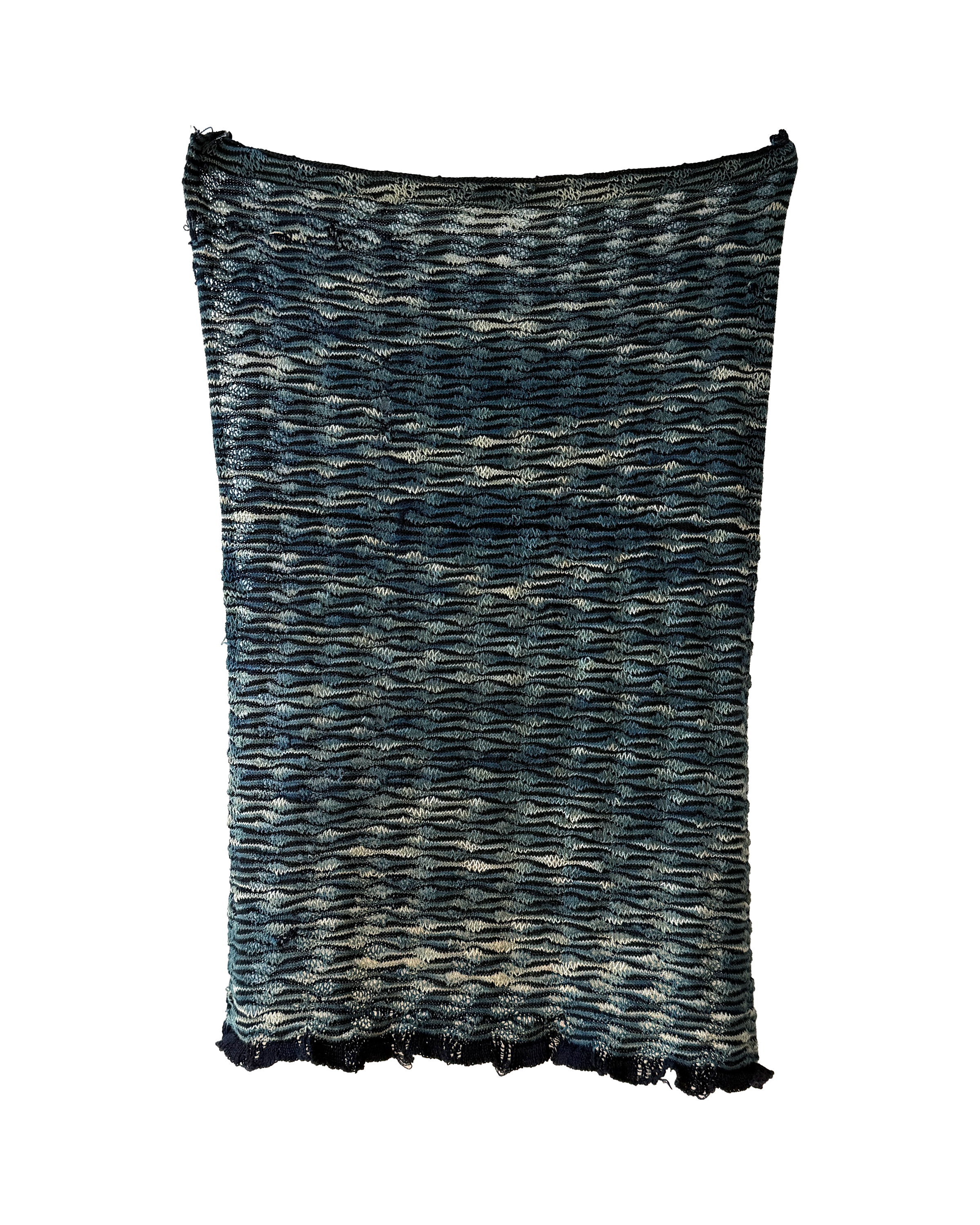 "Sound." Indigo space dyed rayon/nylon/cotton yarn and a navy wool knit with a dropped stitch structure on a 10gg Dubied Machine.