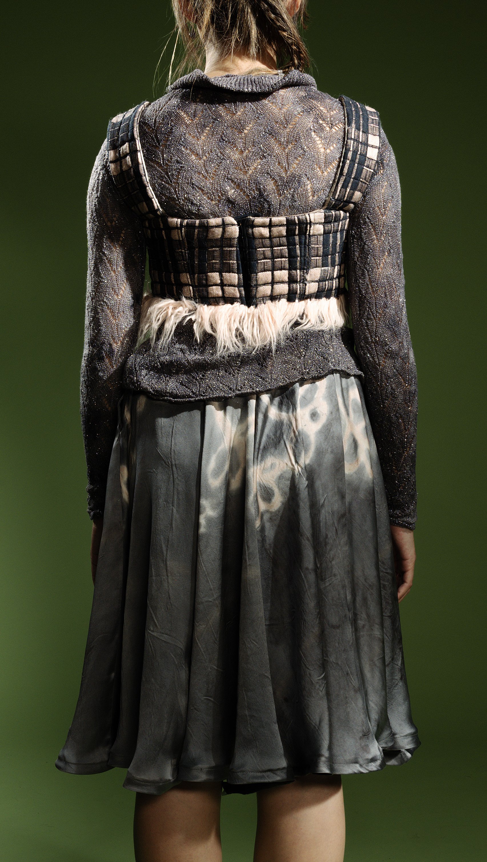 Shima Seiki Power Knit Sweater. Gallnut and Iron. Silk Charmeuse Circle Pant. Hand Painted with eastern brazilwood and pomegranate/iron.