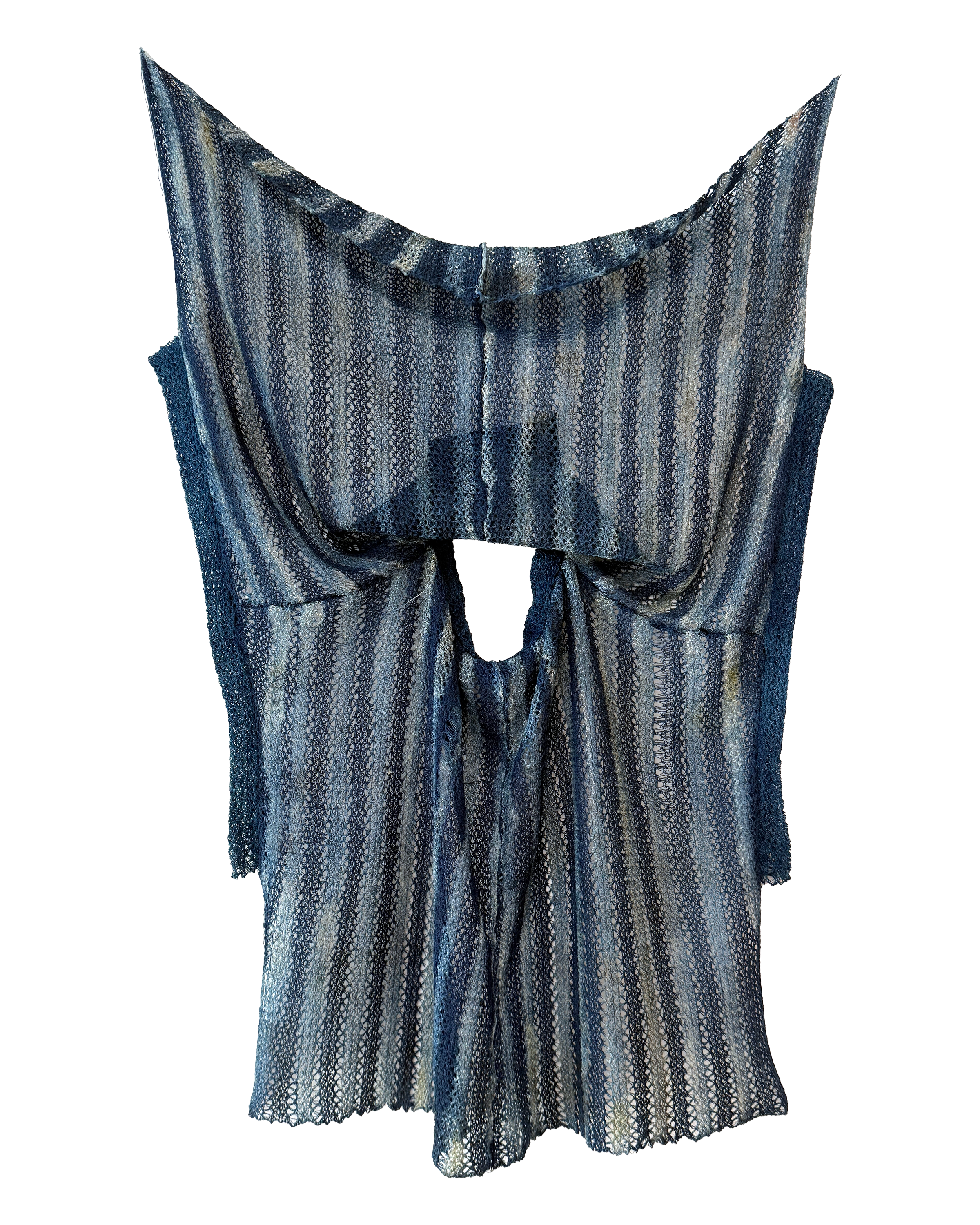 "Sweater." Silk/Cotton yarn knit on a 12gg Dubied Machine with a lace structure through racking. Dipped in indigo after knitting using mud-resist. 