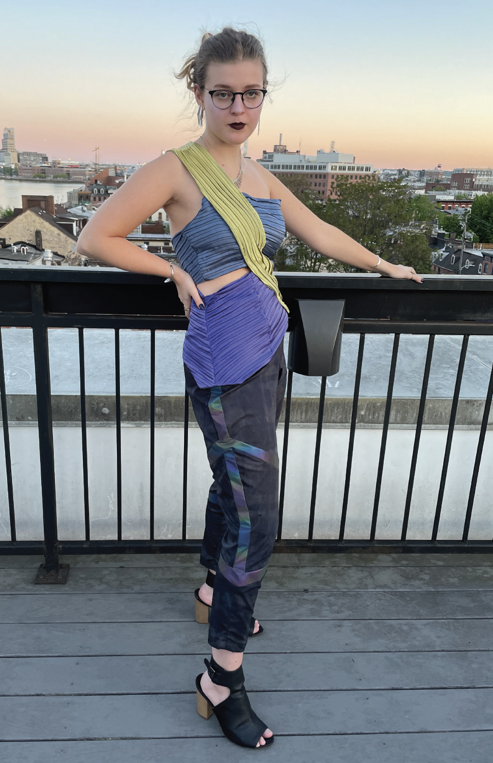 Pleated Silk Charmeuse Top dyed with Pro MX dyes and a Black Over-Dyed Cotton Plaid Pant with Reflective Insets.