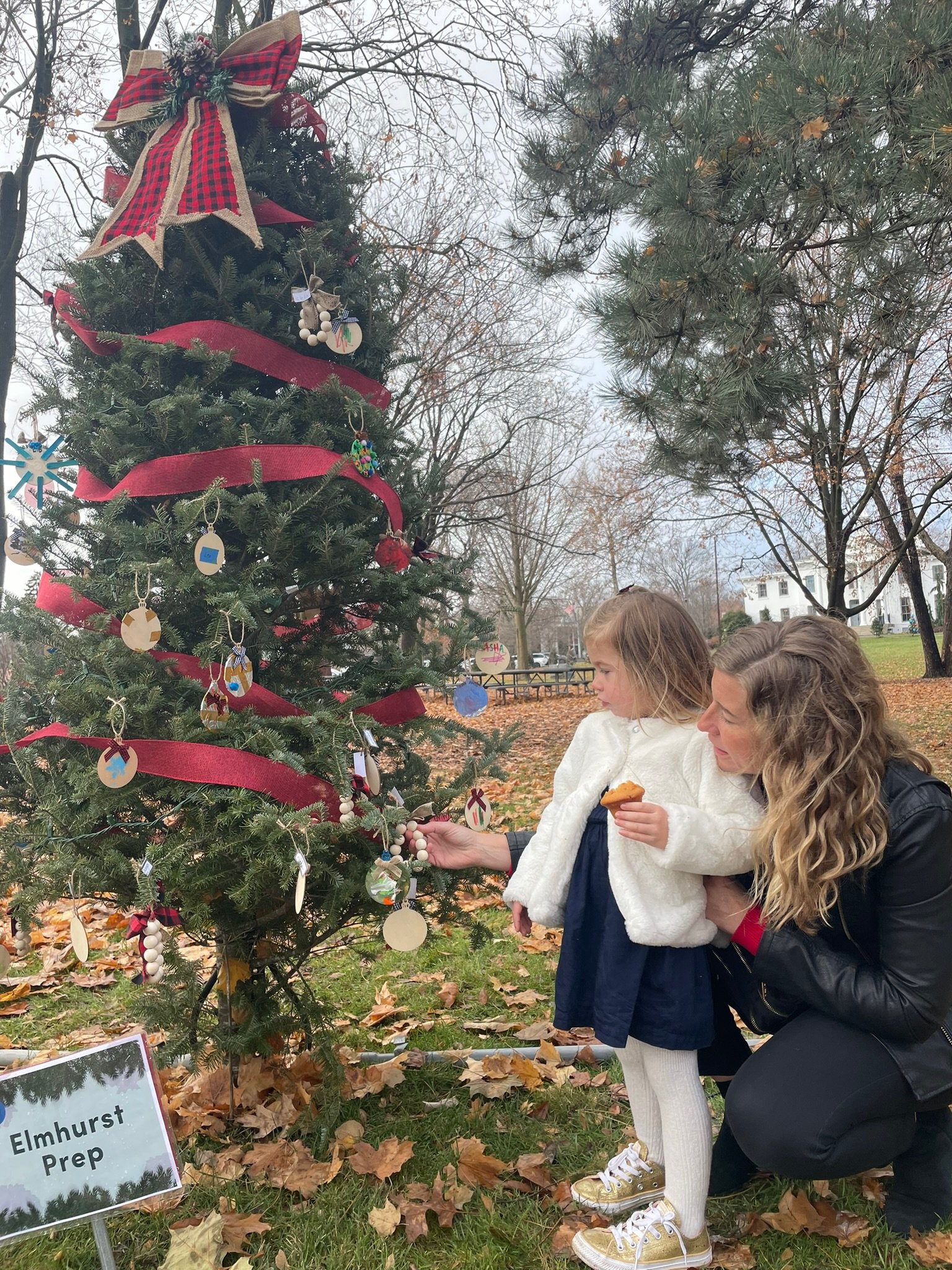A woman and young girl decorating a Christmas tree outdoors in a park.