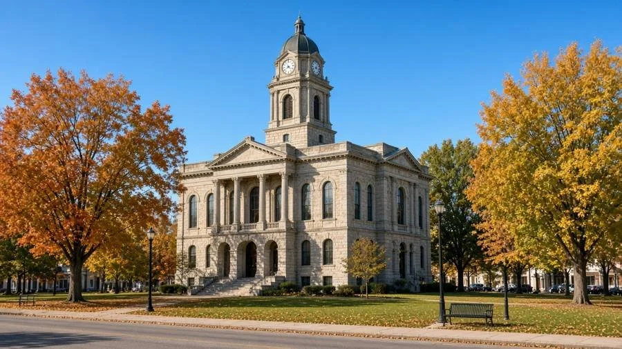 Stone courthouse with a clock tower in autumn (illustration)