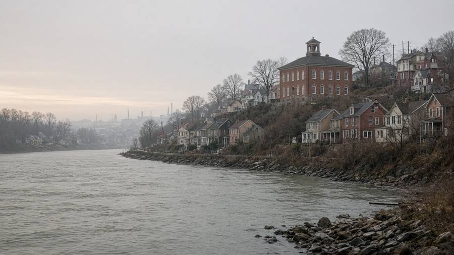 Riverside town on a hill on an overcast morning (illustration)
