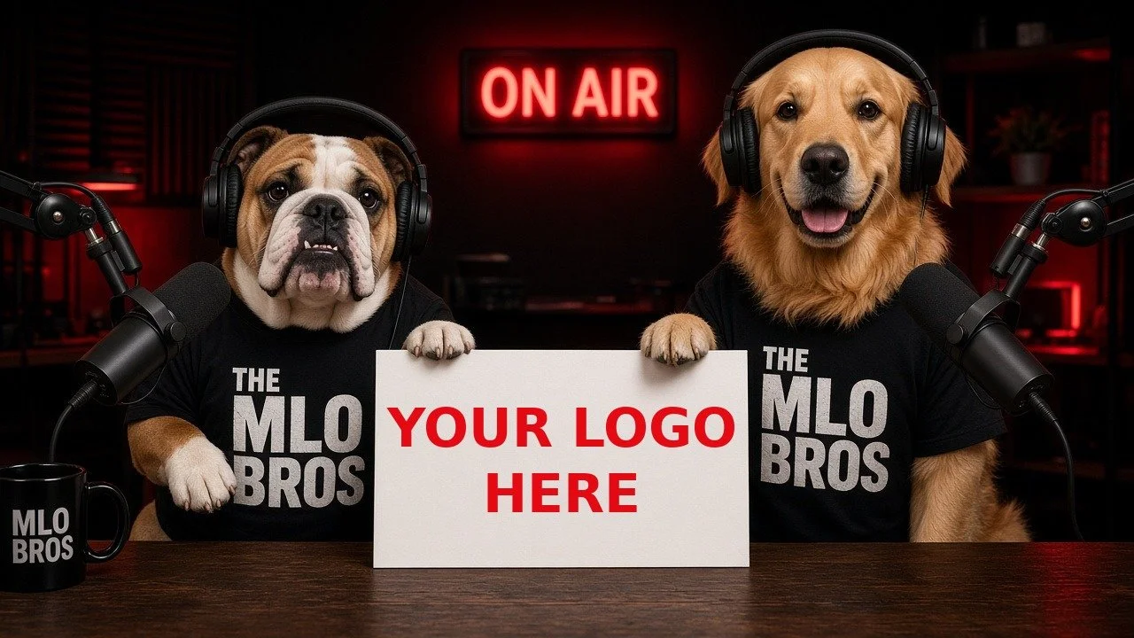 The MLO Bros mascots holding a YOUR LOGO HERE sign
