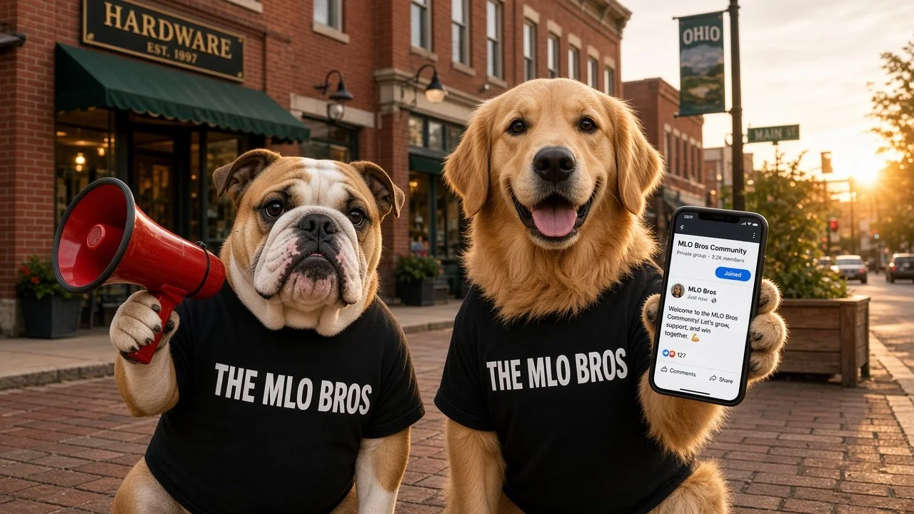 The MLO Bros bulldog and golden retriever mascots with a megaphone and phone on a small-town main street