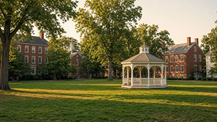 Town green with a white gazebo (illustration)