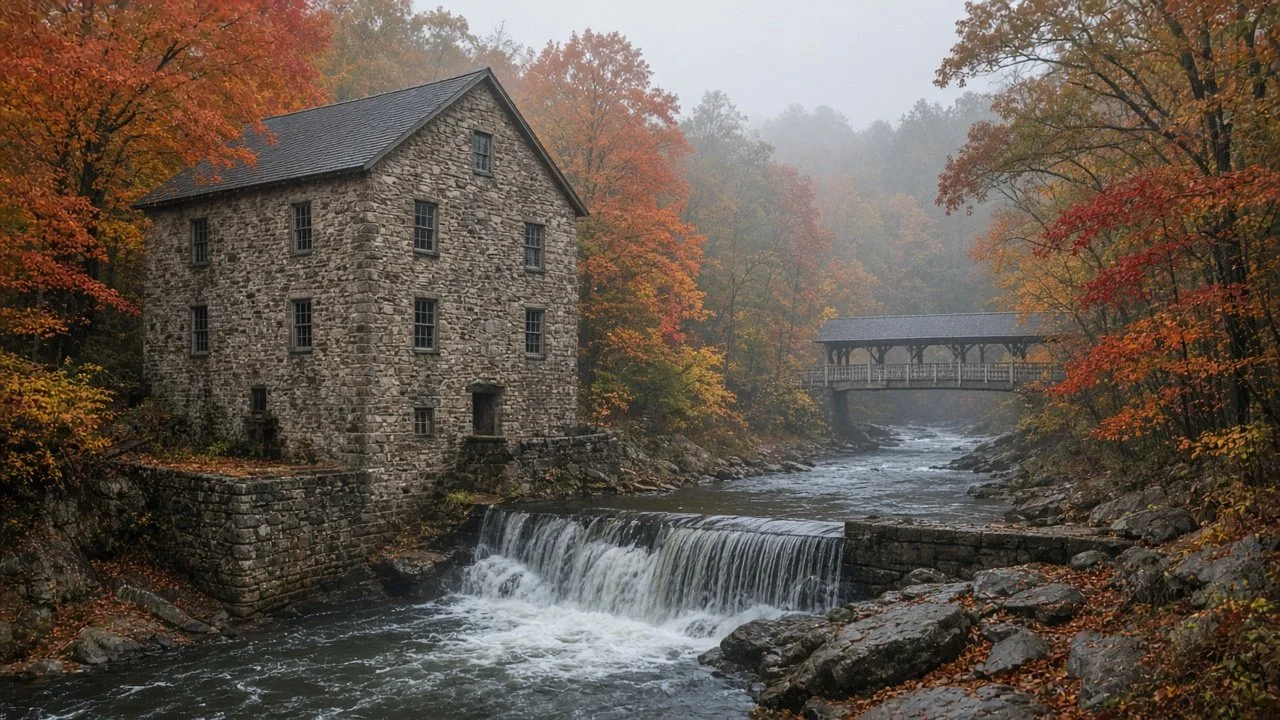 Old stone mill beside a waterfall in an autumn park (illustration)