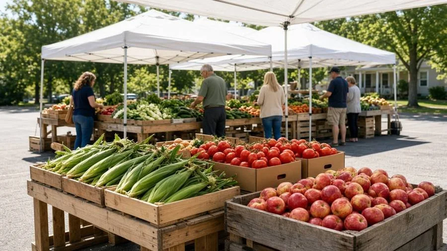 Outdoor farmers market stands with corn, tomatoes and apples (illustration)