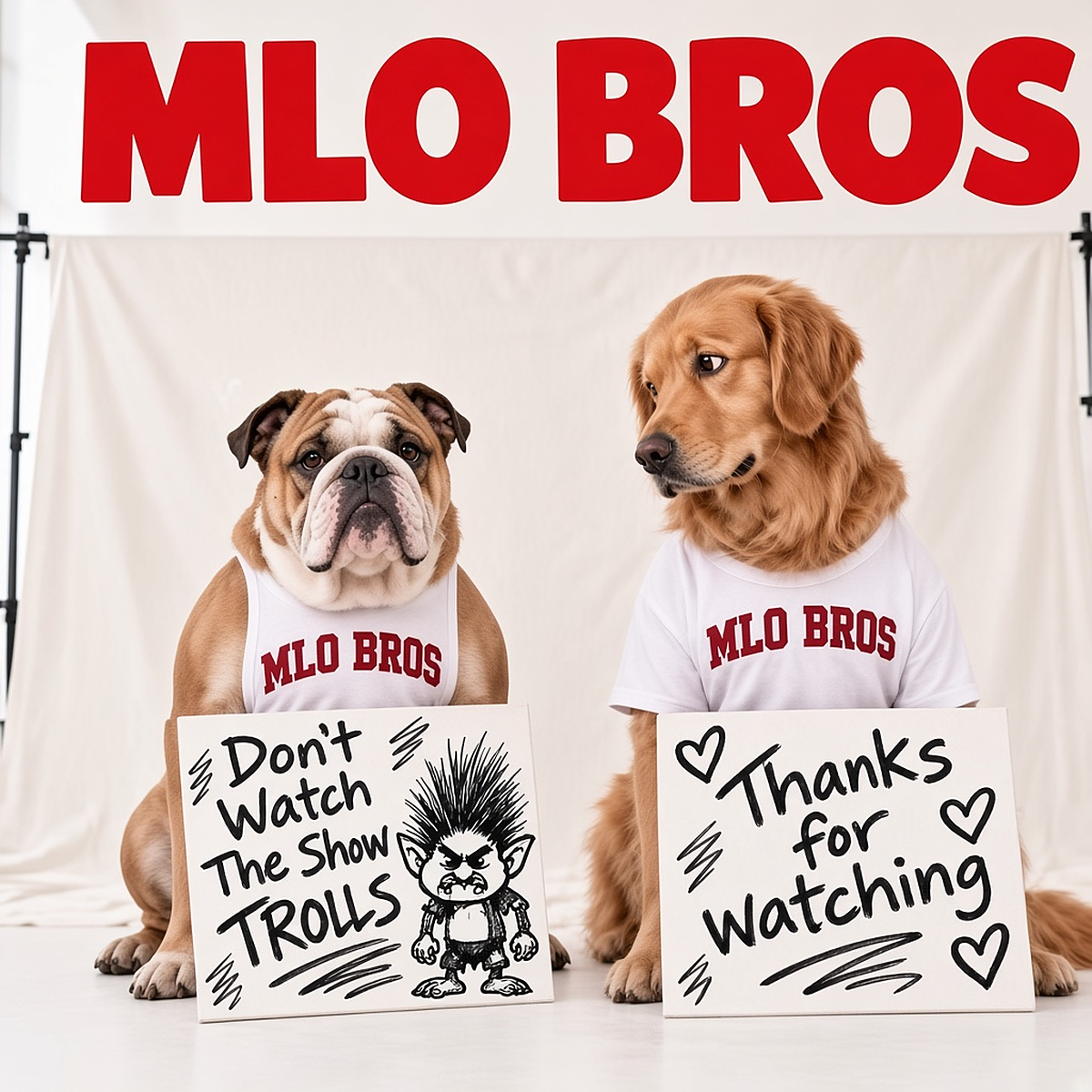 MLO Bros bulldogs holding signs