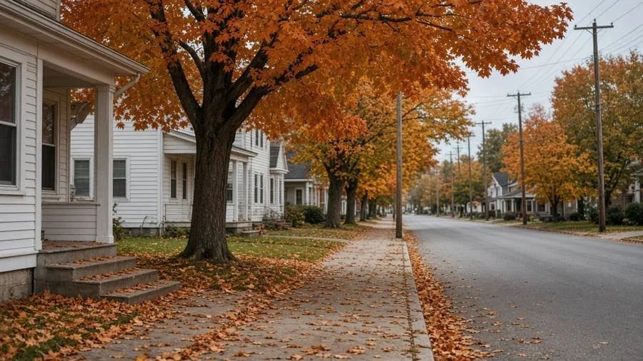 Tree-lined village street in autumn (illustration)