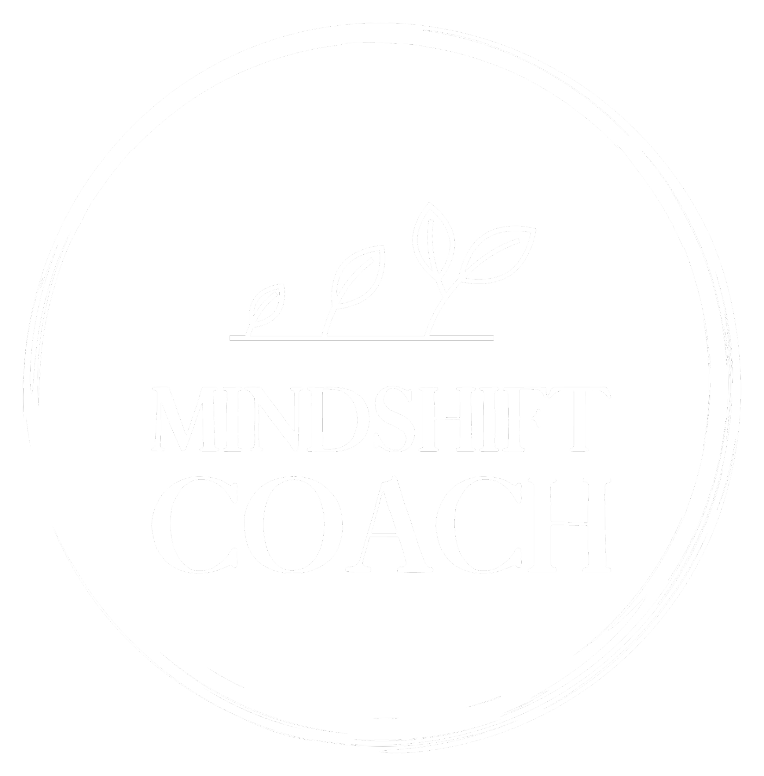 Schwarzes Logo mit weißen Schriftzug 'MINDSHIFT COACH', kleine stilisierte Pflanzen darüber, runde Rahmenlinien