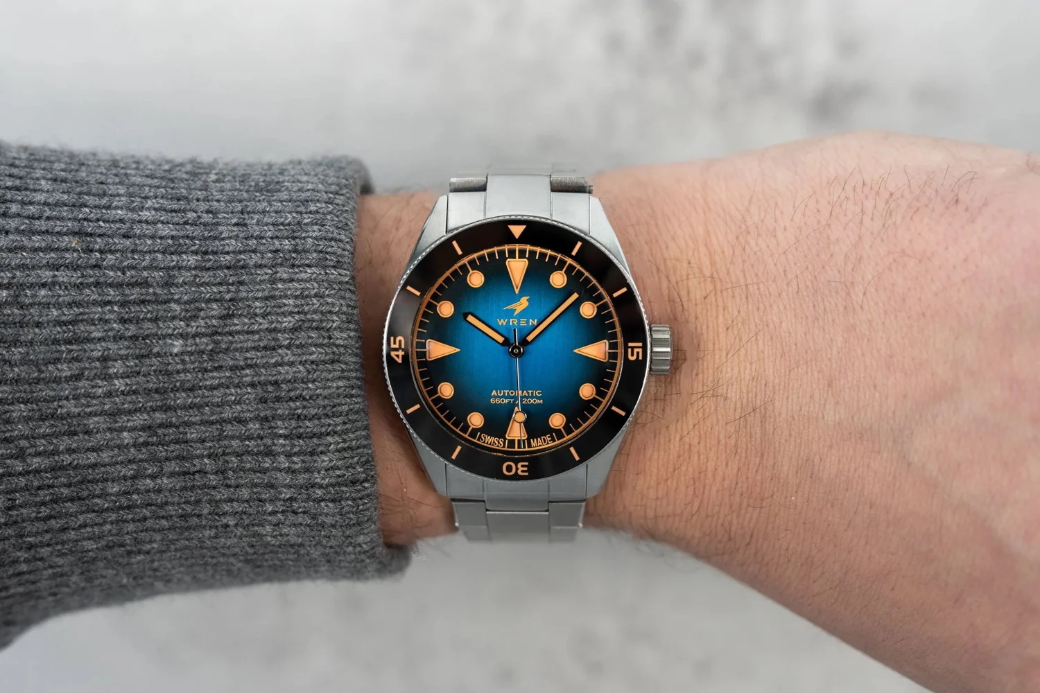 Wren Diver One Titanium Dusk on a 7 inch wrist