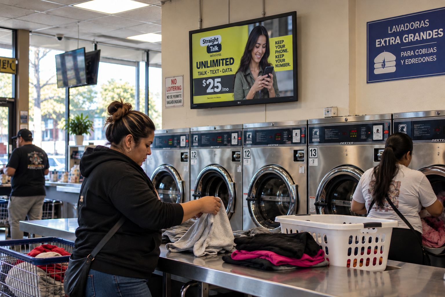 Straight Talk $25/mo Unlimited ad on a laundromat screen beside Spanish signage, as two women do laundry