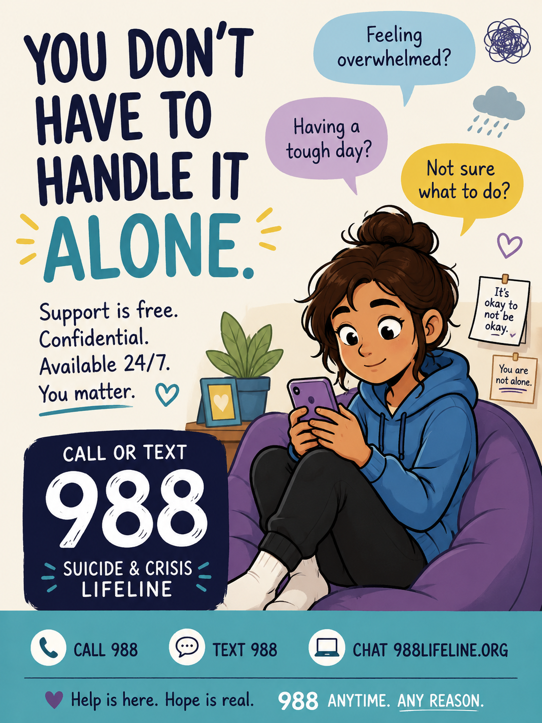 Cartoon 988 Suicide & Crisis Lifeline awareness poster designed for schools, colleges, and community centers.