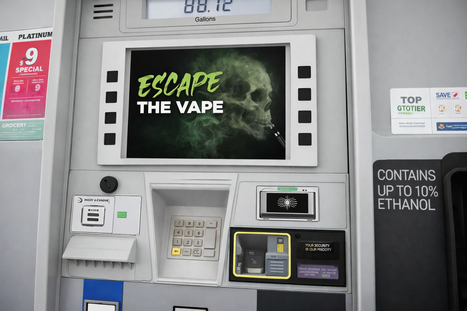 Gas station TV screen displaying advertisement at the fuel pump