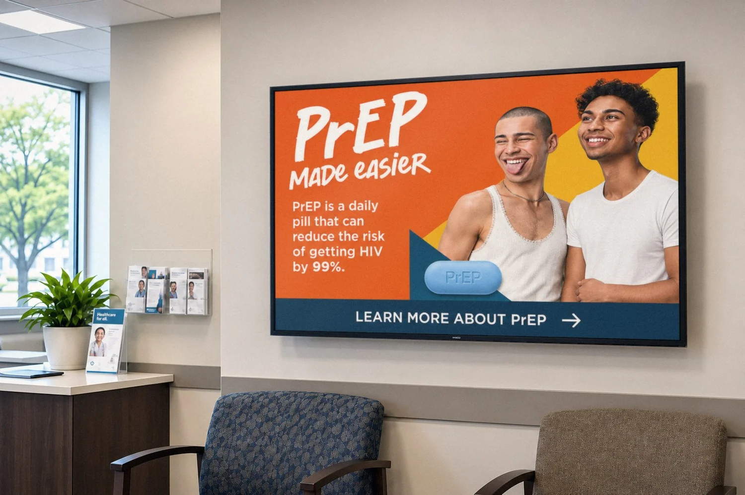 Digital health awareness screen in a modern clinic waiting room