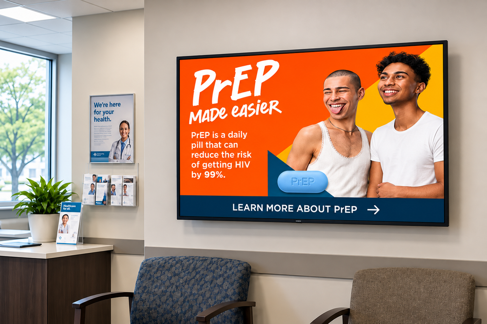 Clinic waiting room with a PrEP awareness screen
