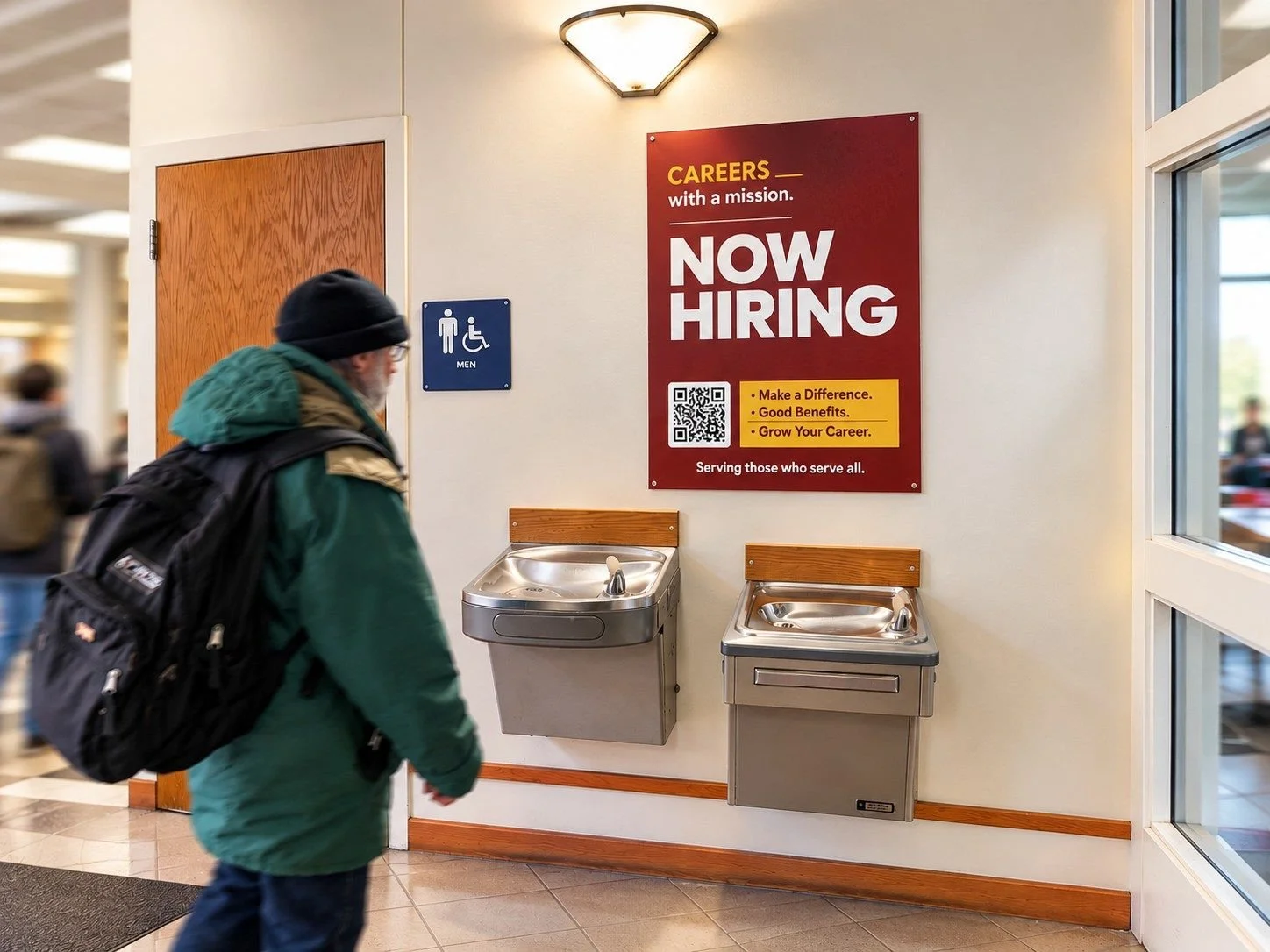 Hiring poster above drinking fountains in a public building hallway