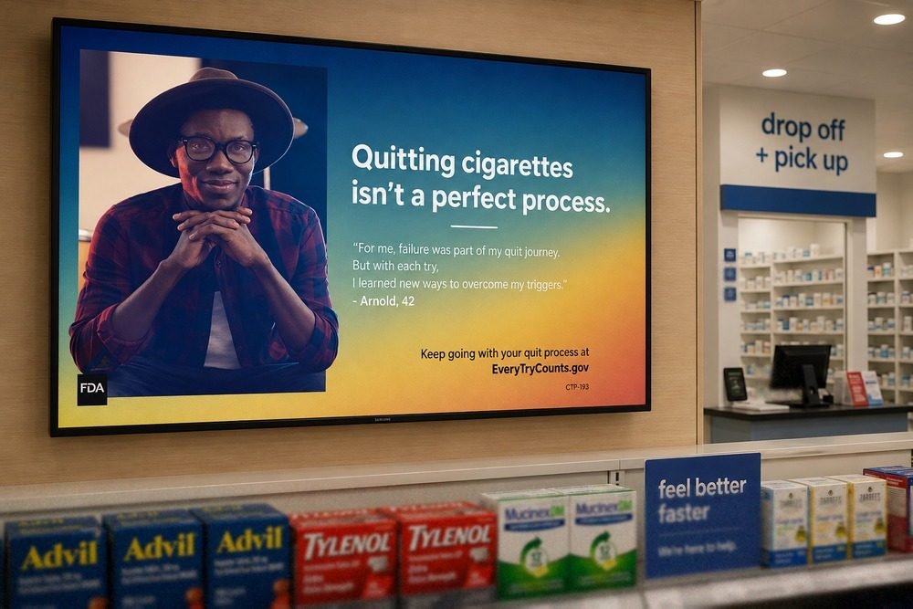 Digital screen with an FDA quit-smoking ad above over-the-counter shelves in a pharmacy
