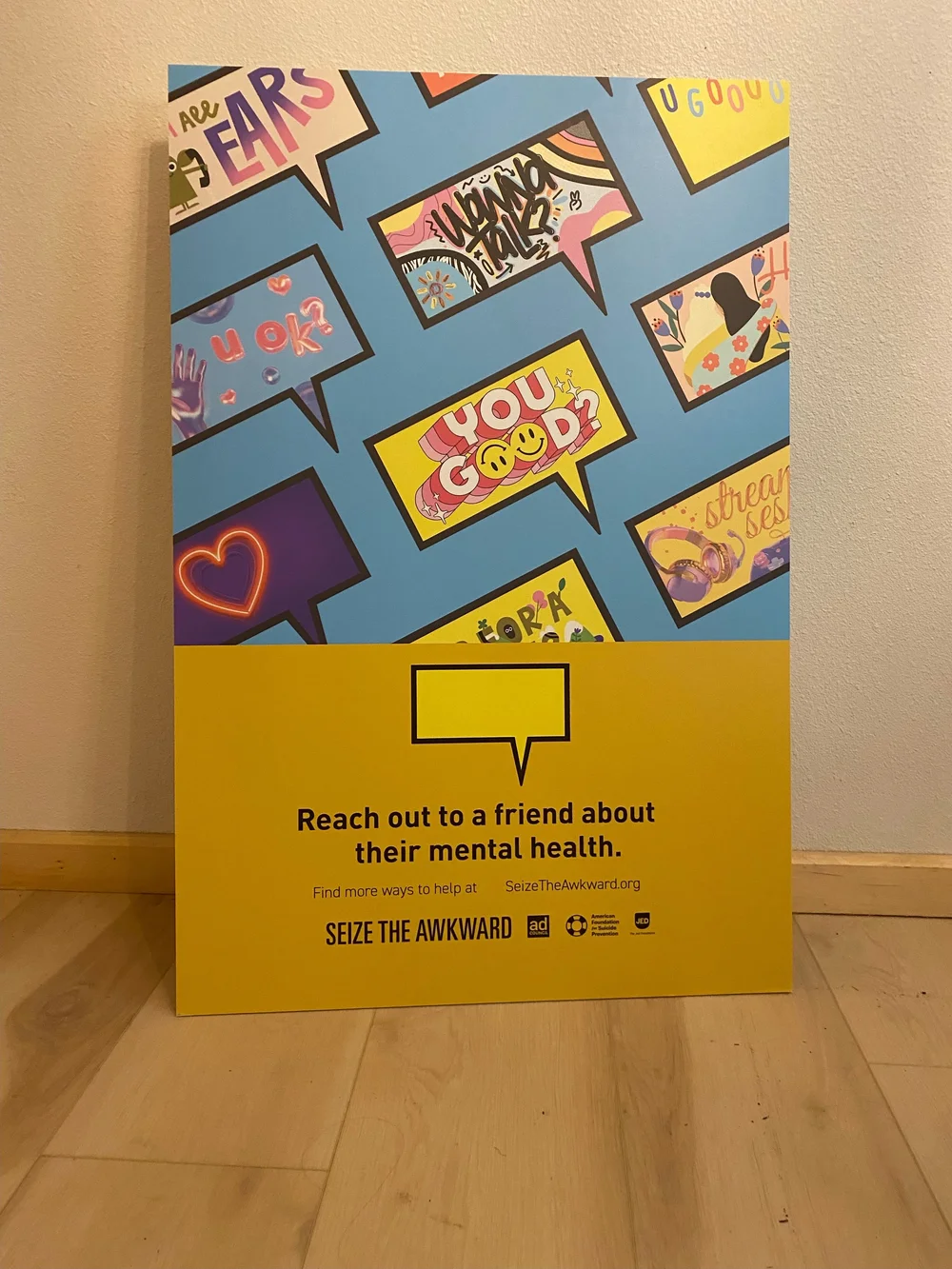 Mental health standee with an illustrated message