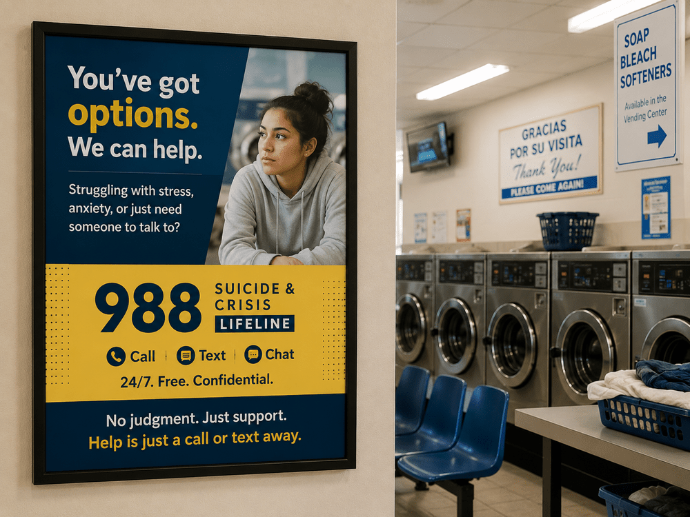 Example of a 988 Lifeline poster on the wall of a laundromat