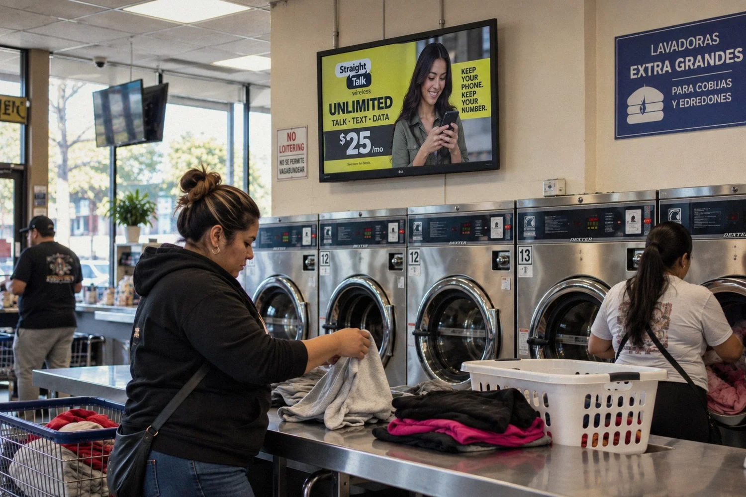 Prepaid wireless ad on a digital screen inside a laundromat, with Spanish-language signage