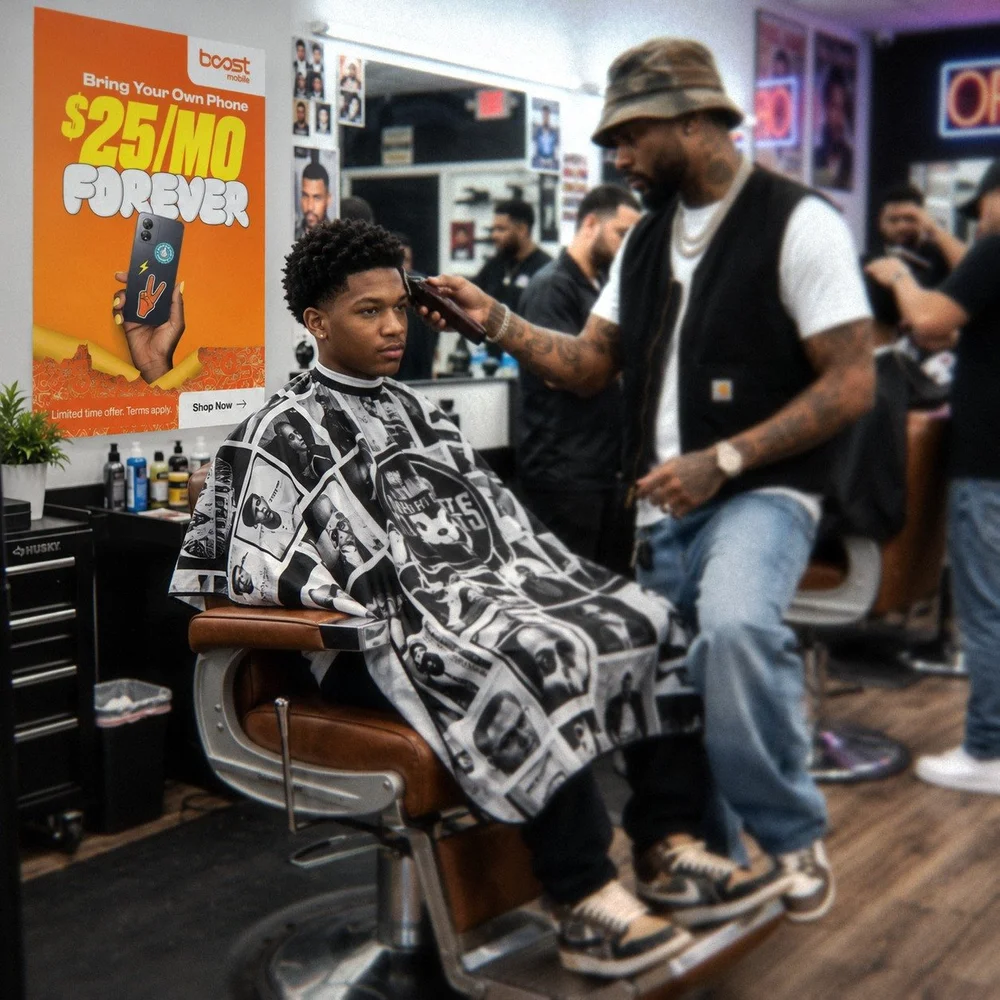 Static prepaid phone plan poster on a barbershop wall beside a customer getting a haircut