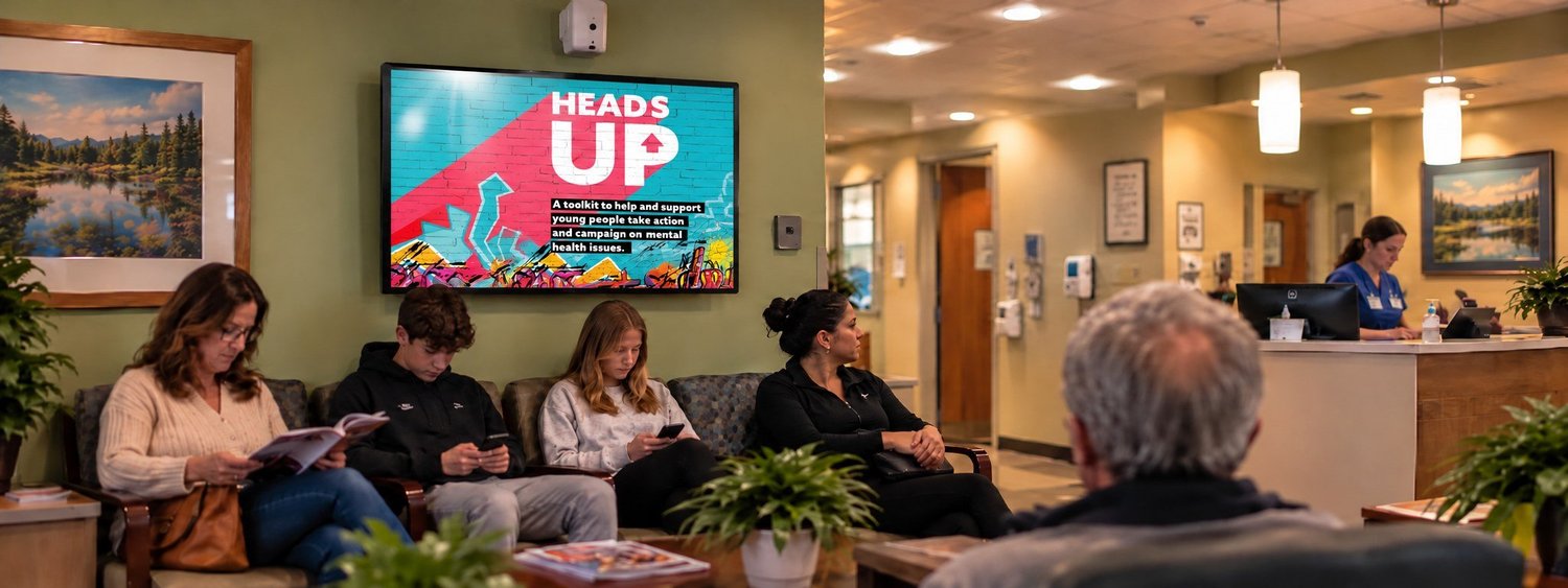 Young patients in a clinic waiting room with a digital screen showing a youth mental health message