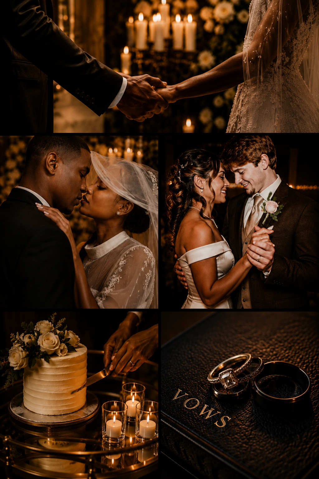 Collage highlighting intimate wedding ceremonies, romantic moments, vow exchange, cake cutting, first dance, and elegant details that define the Simply Weddings experience in Conyers, Georgia.