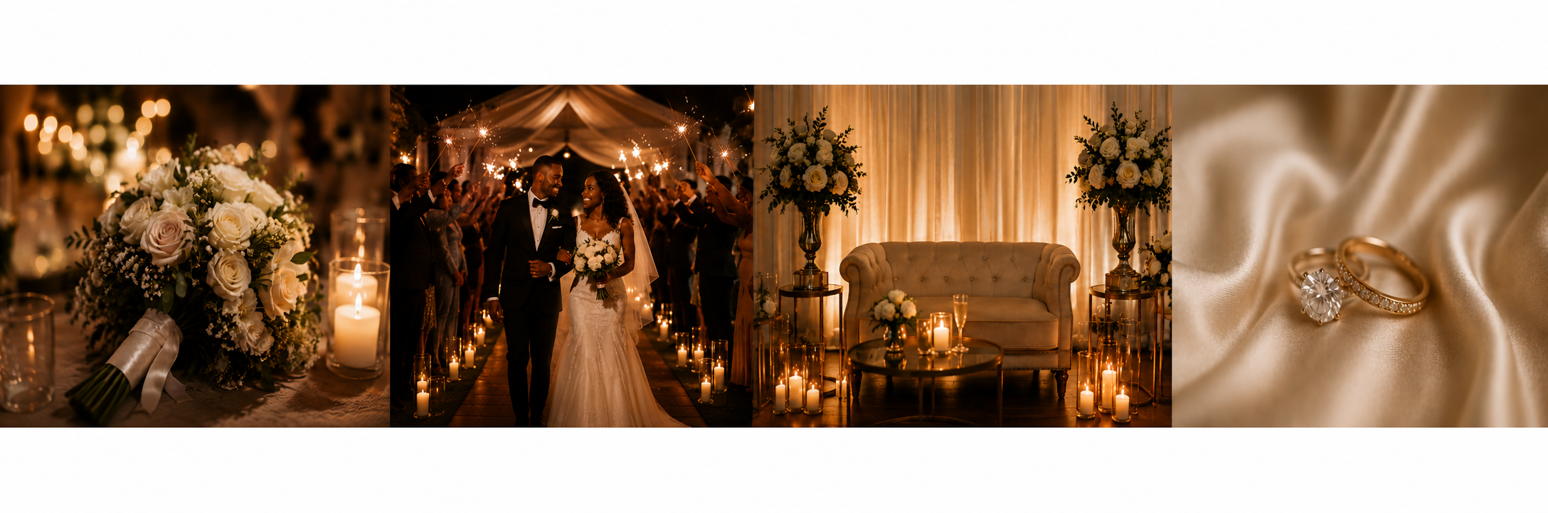 Collage highlighting intimate wedding ceremonies, beautiful floral arrangements, romantic aisle moments, elegant décor, and wedding details at Simply Weddings, a courthouse alternative serving Conyers and East Metro Atlanta
