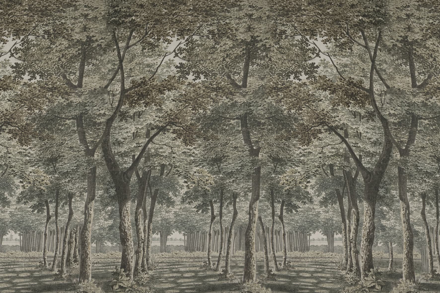 A wall mural depicting a forest of tall trees with textured bark and dense green leaves, with sunlight filtering through.