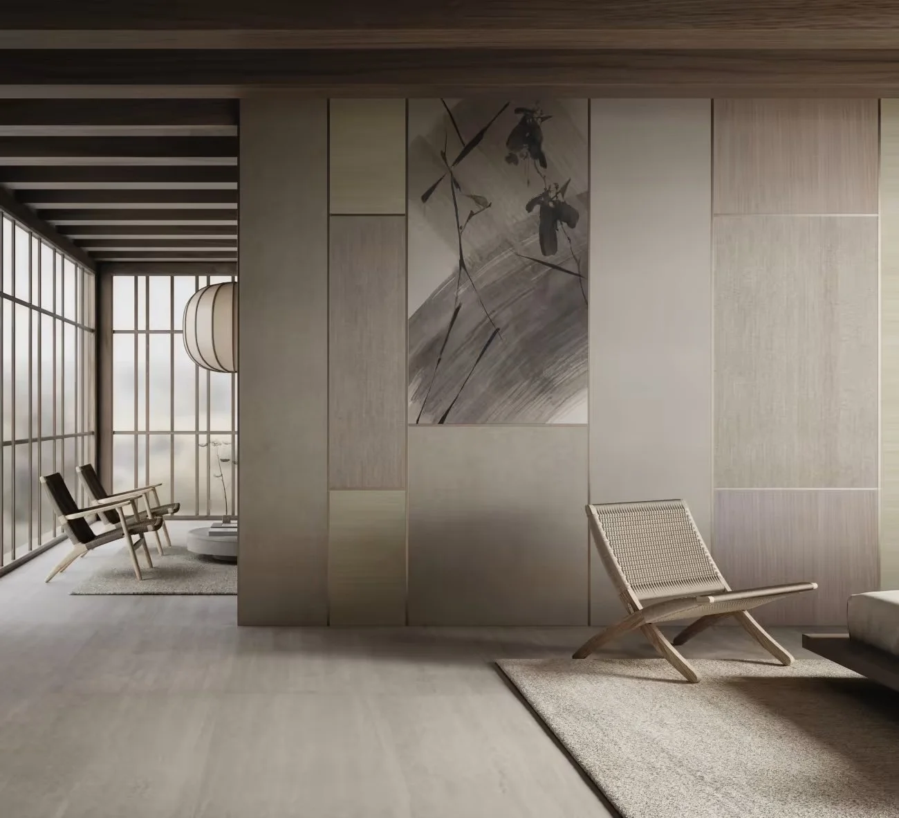 Modern minimalist interior with light wood furniture, a large wall painting of insects, shoji-style window panels, beige carpet, and traditional Japanese decor themes.