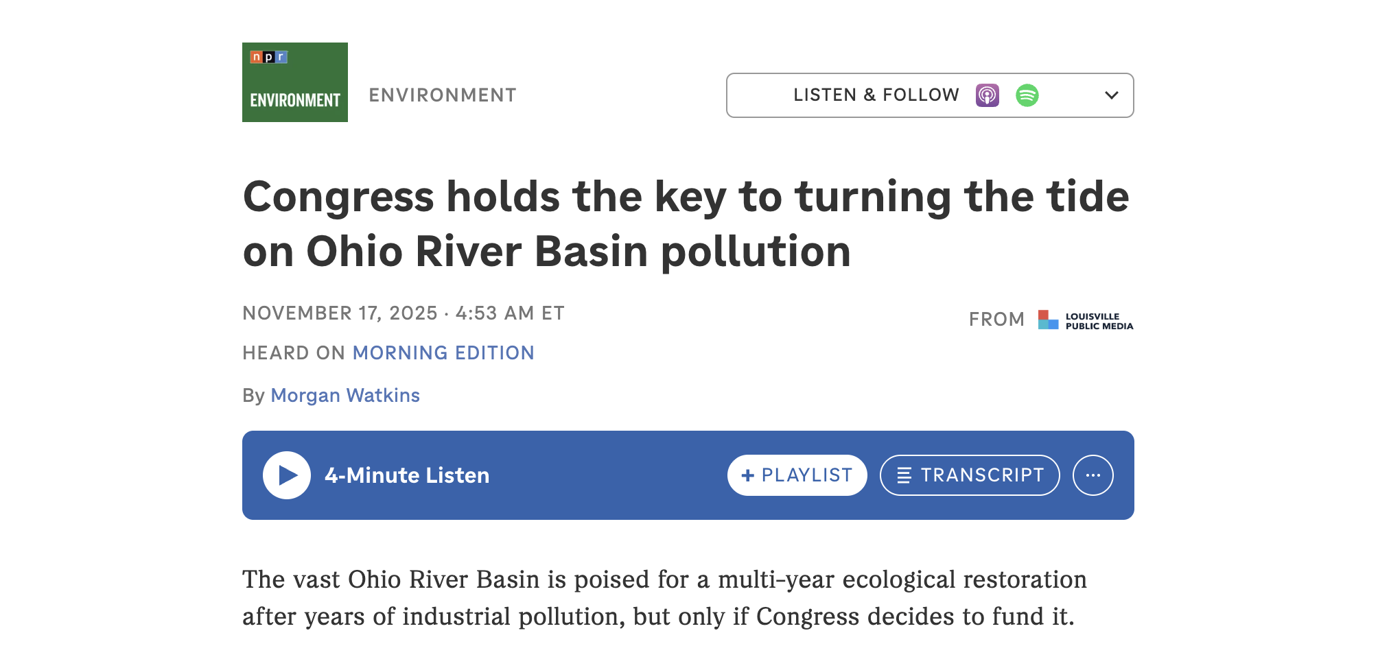 NPR: Congress holds the key to turning the tide on Ohio River Basin pollution