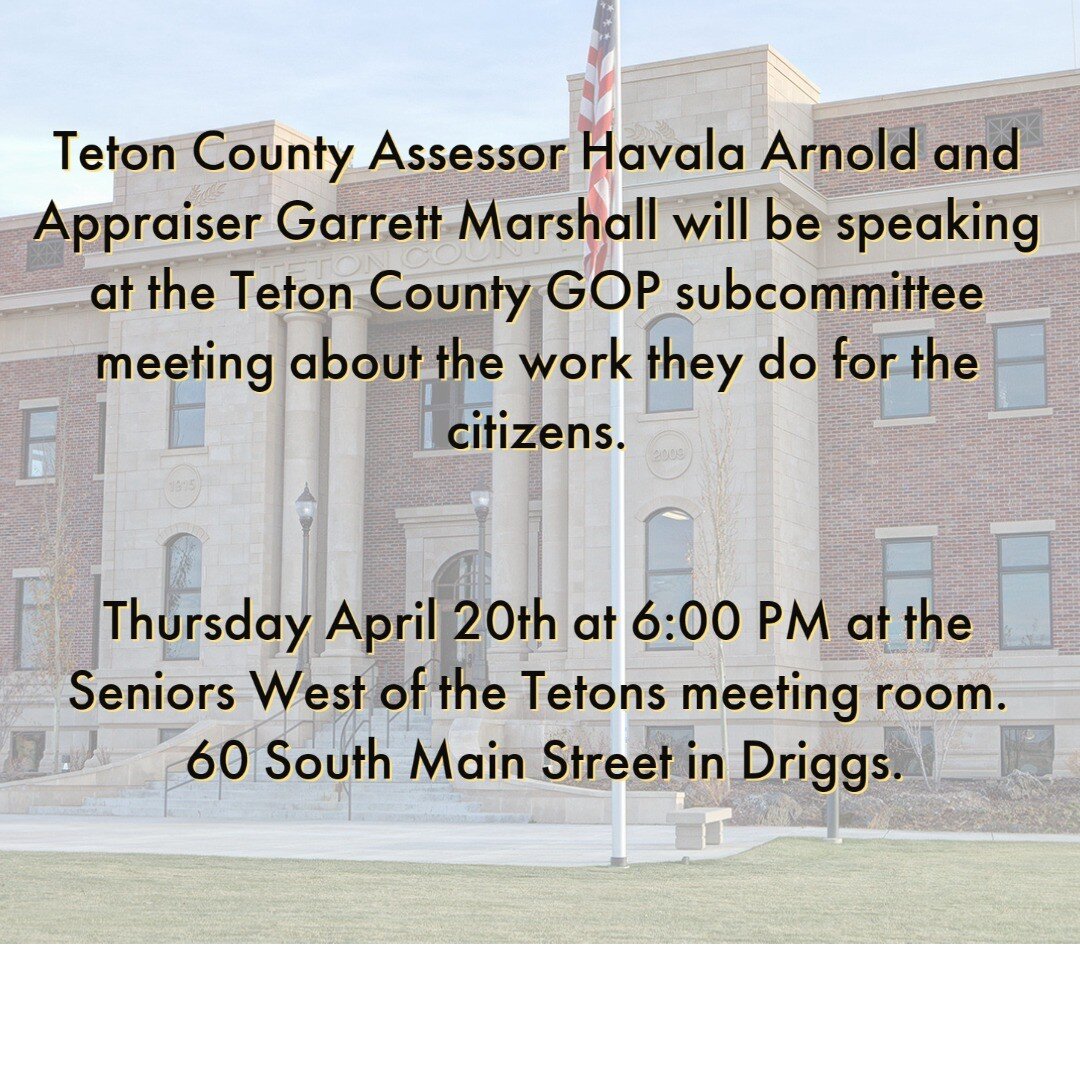 Come join us and learn about a civic process that impacts all of us!

6:00 PM Seniors West of the Tetons - 60 South Main Street - Driggs

#tetons 
#tetonvalley 
#tetonvalleyidaho 
#tetoncounty 
#tetoncountyidaho 
#driggs 
#driggsidaho 
#tetonia 
#tet