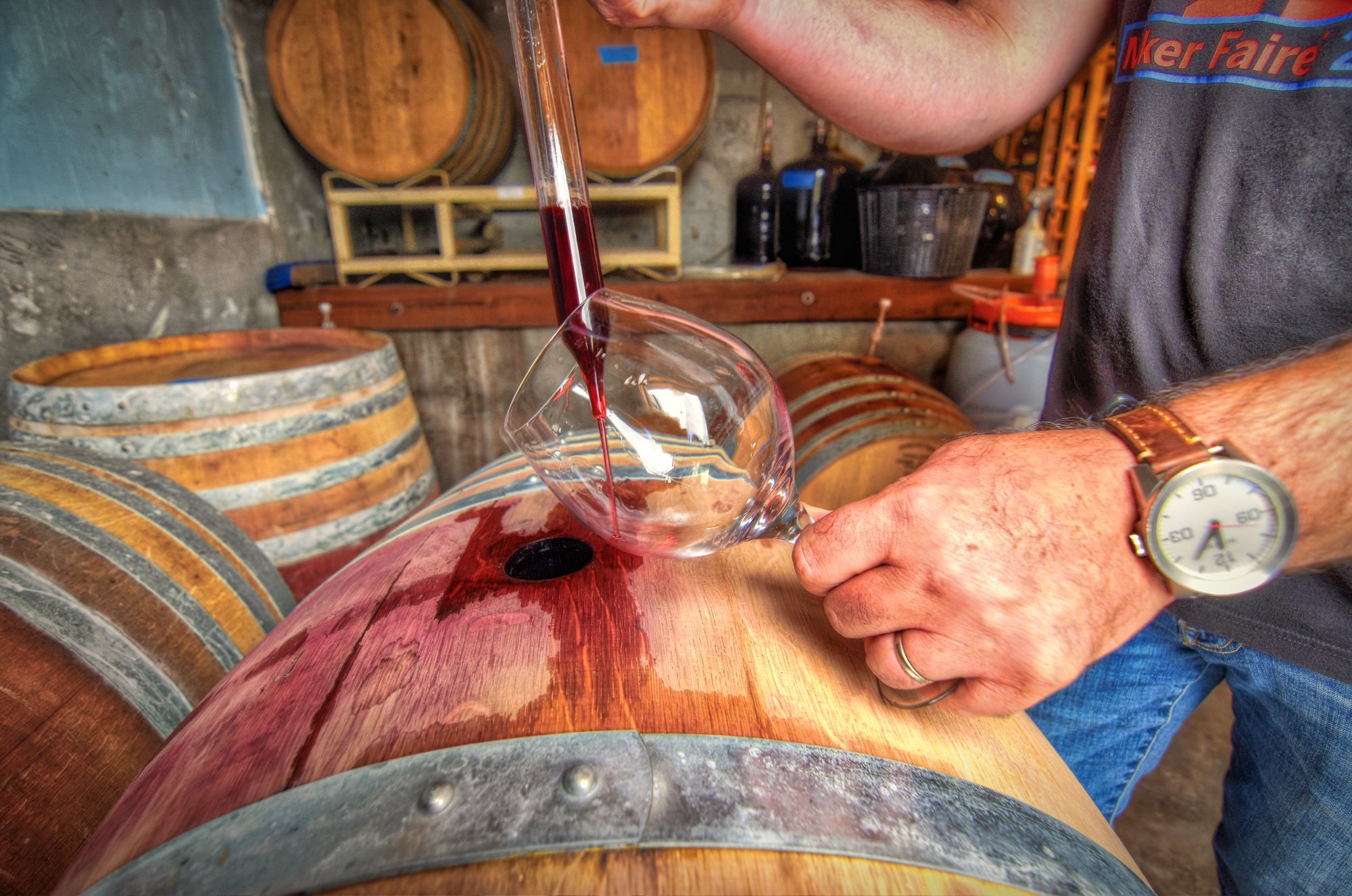 Pulling wine from barrel to taste it's progress
