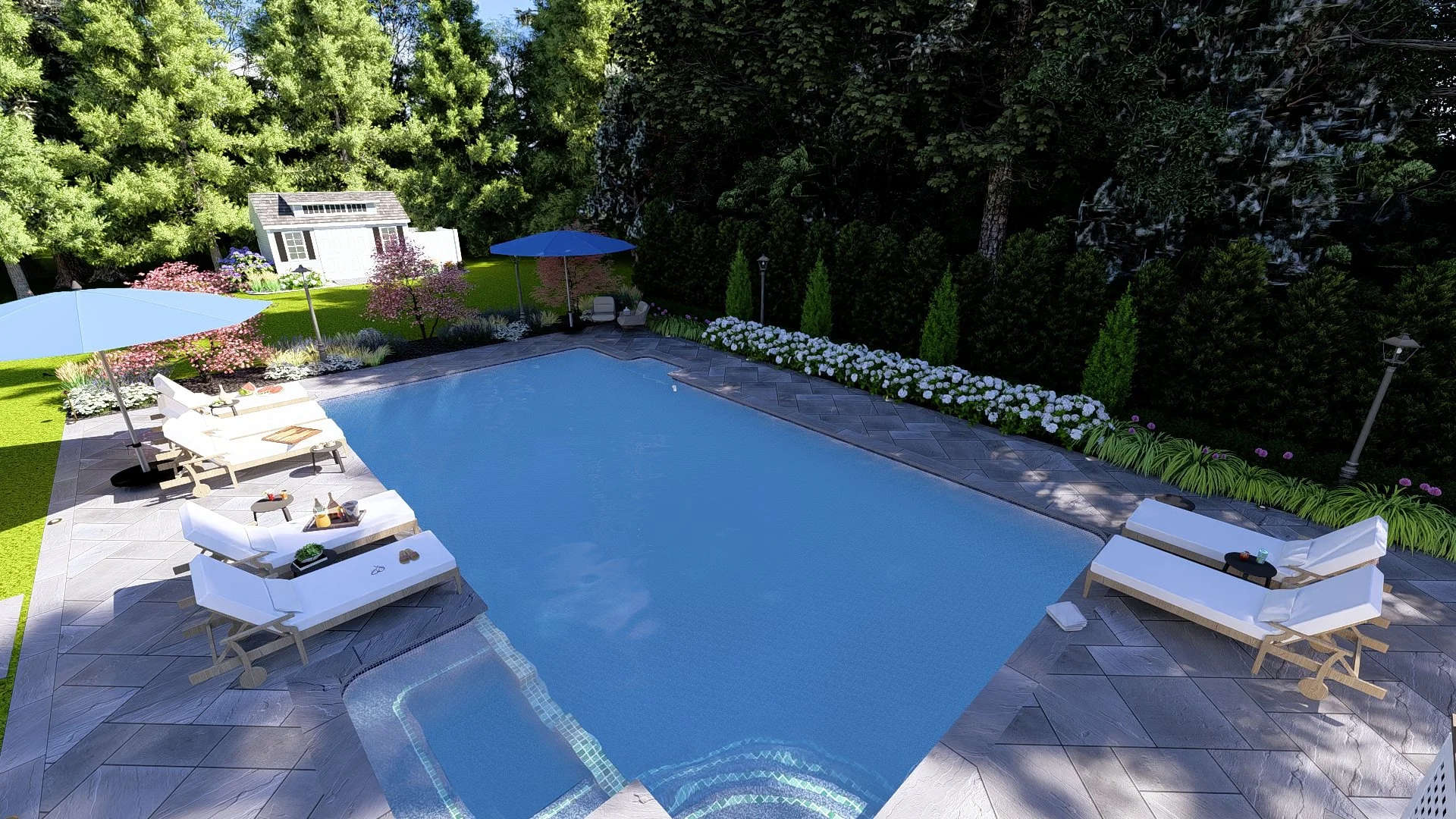 Pool Patio, Pergola Seating Area, Outdoor Room with Kitchen & Fireplace