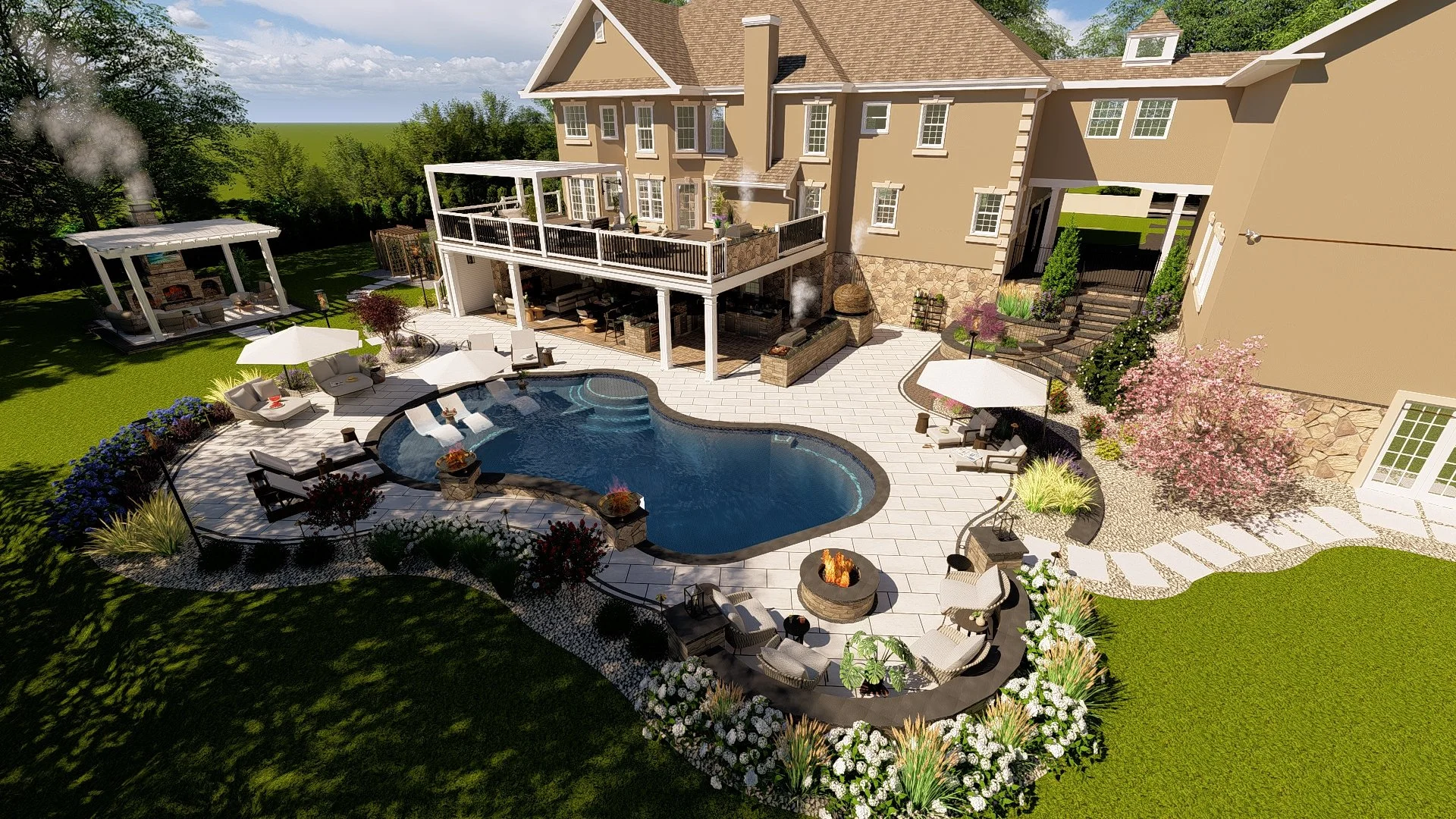 Pool Renovation, Pool Water & Fire Features, Deck, Outdoor Kitchen & Bar, Pergola & Fire Pit Areas