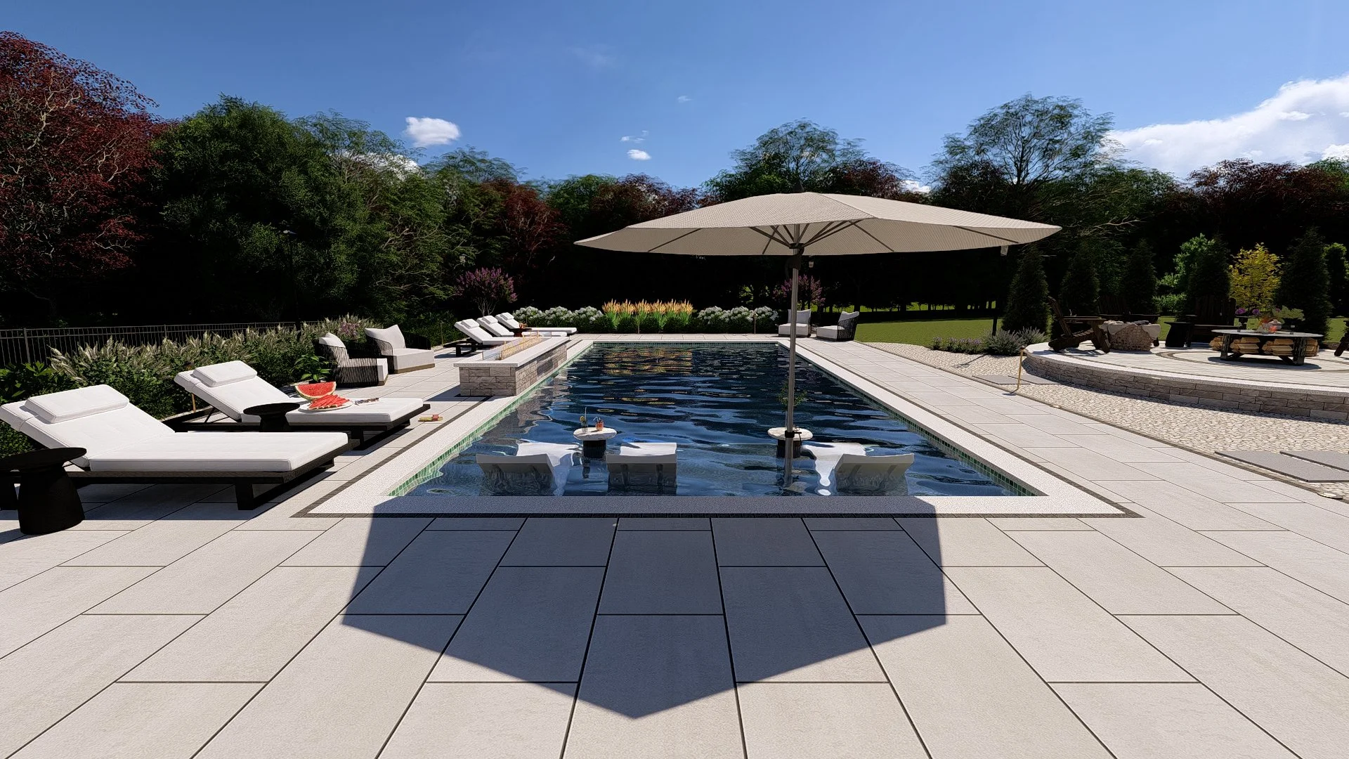 Modern Backyard with Inground Pool, Outdoor Kitchen Area, Pergola and Fire Feature (Copy)