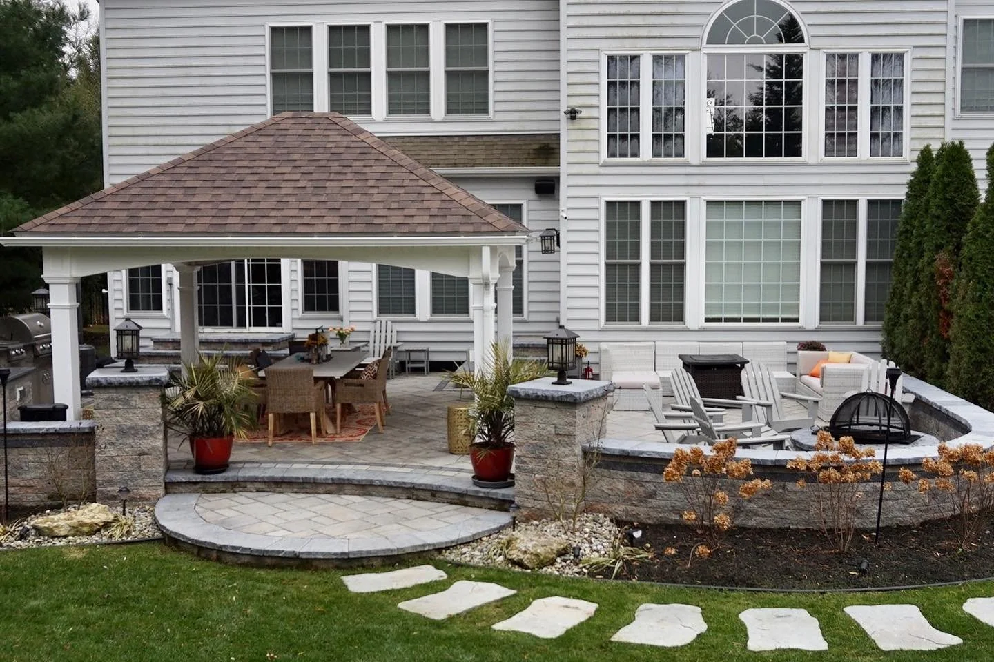 Trenton, NJ: Rear Paver Patio, Custom Pavilion, Outdoor Kitchen, Paver Sitting Walls, Firepit