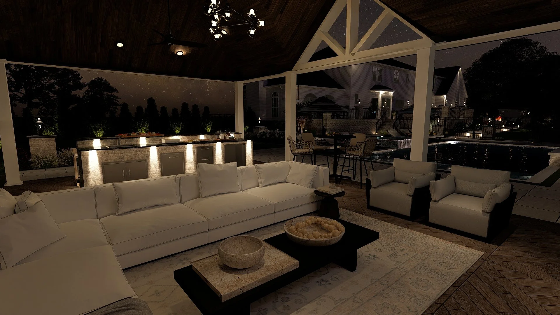 Entertainment Ready Yard with Inground Pool and Spa, Pavilion, and Fire Feature TV Wall