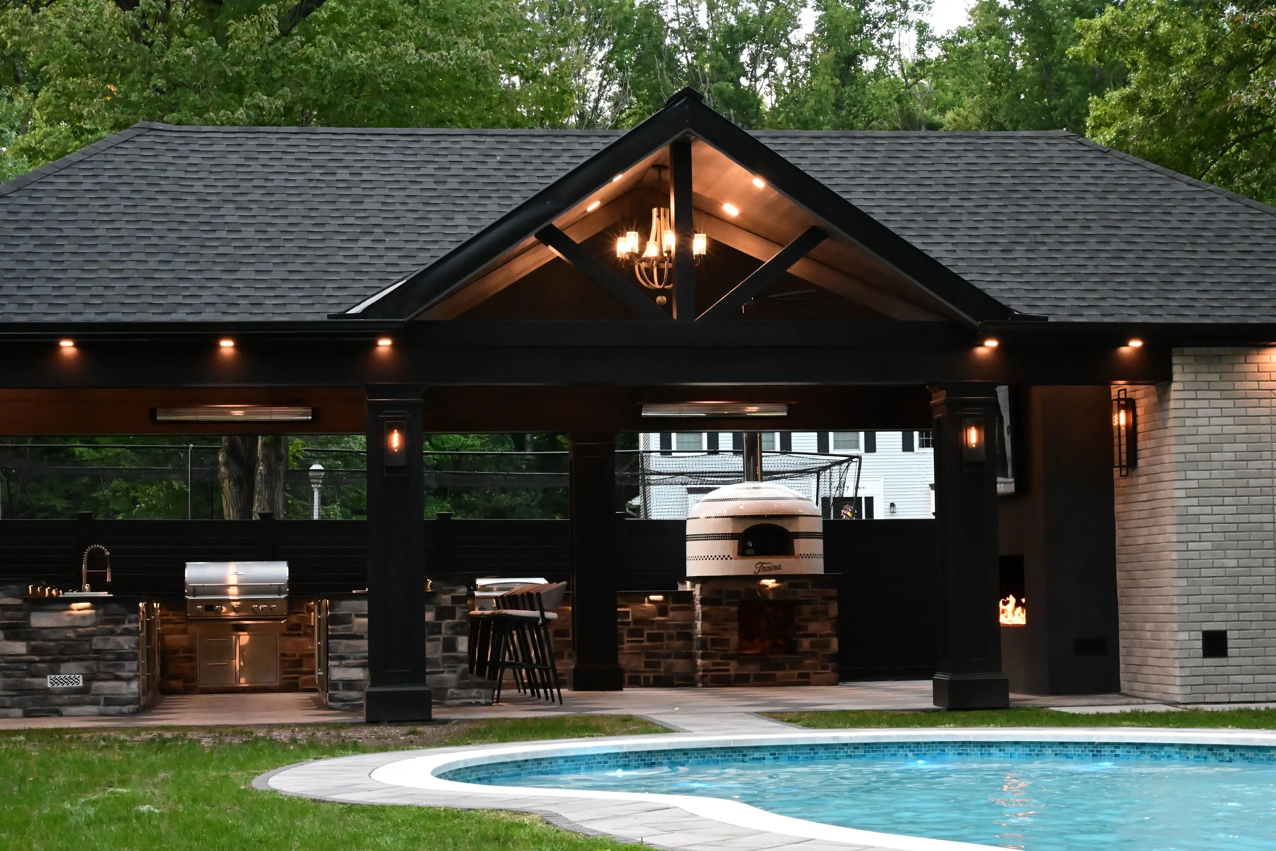 Lincroft, NJ: Pool Install, Custom Pavilion, Outdoor Kitchen, Bathroom, Fireplace, Outdoor Shower