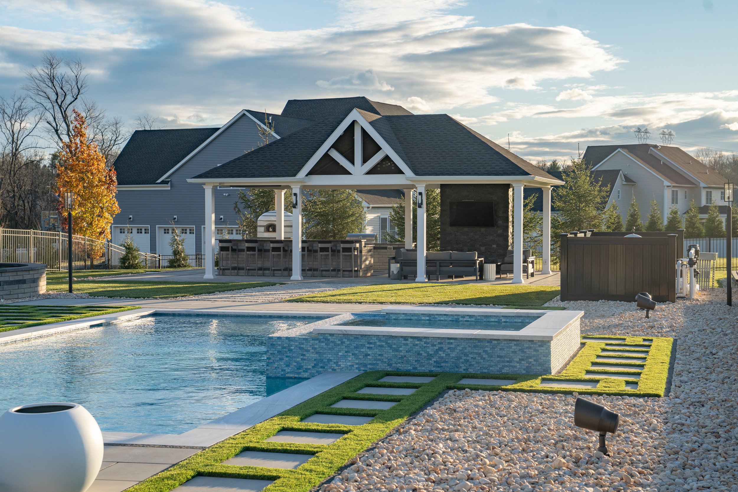 Branchburg, NJ: Gunite Pool with Spa, Paver Patio, Pavilion, Outdoor Kitchen, TV Wall