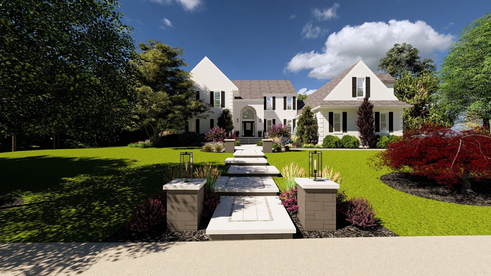 Front Walkway & Landscape, Rear Deck with Pergola, Paver Patio, Pergola, Fireplace, Outdoor Kitchen