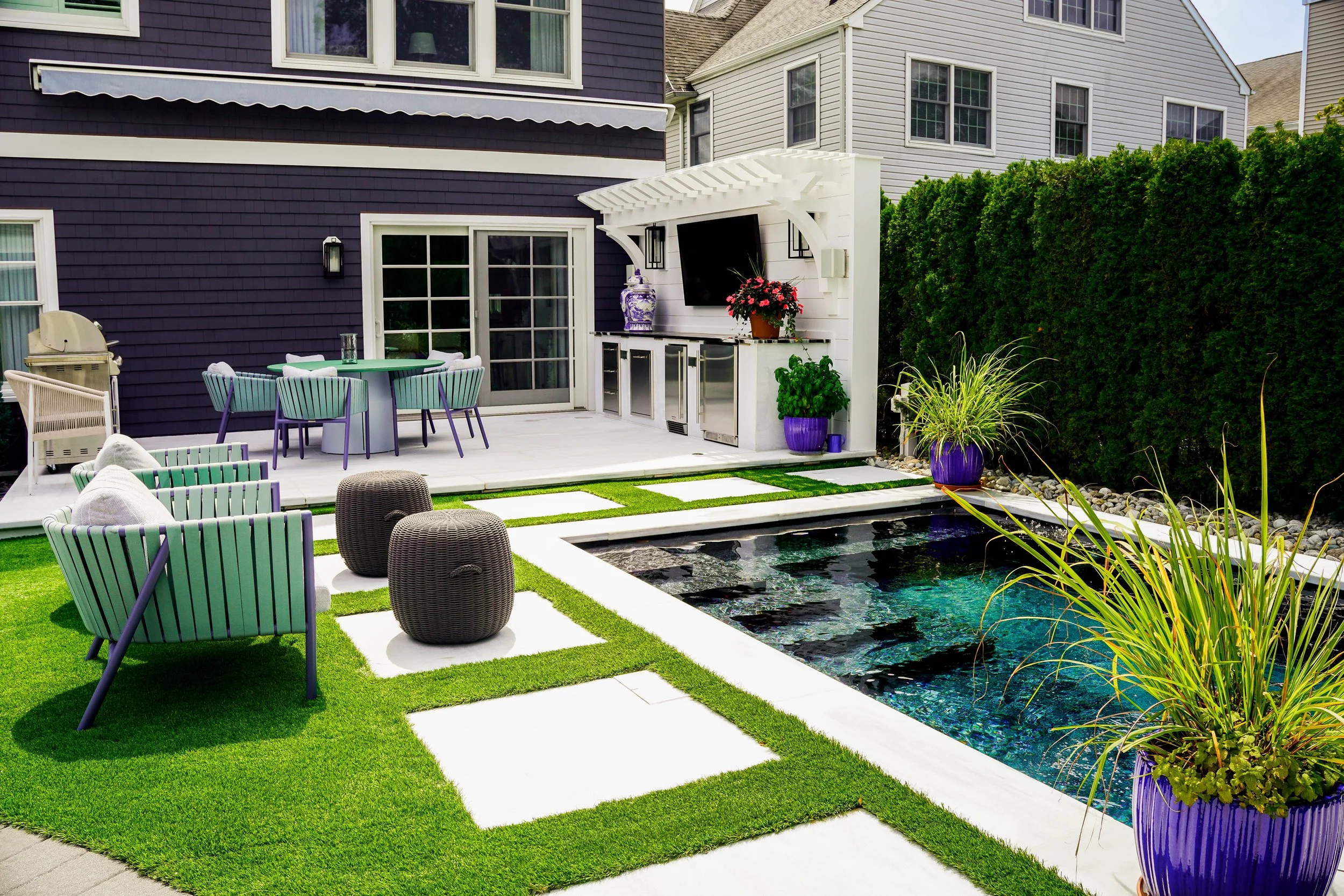 Spring Lake, NJ: Gunite Spool, Marble Patio, Artificial Turf, Outdoor Kitchen & Outdoor Shower