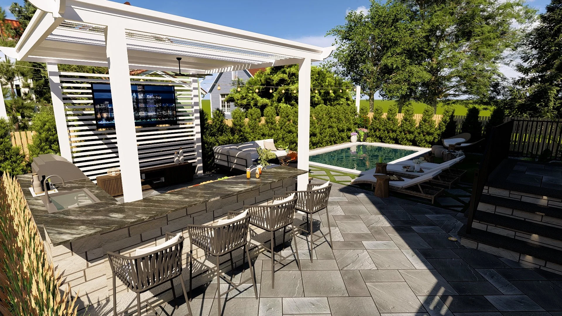 Pool, Patio, Louvered Pergola, Outdoor Kitchen, Artificial Turf