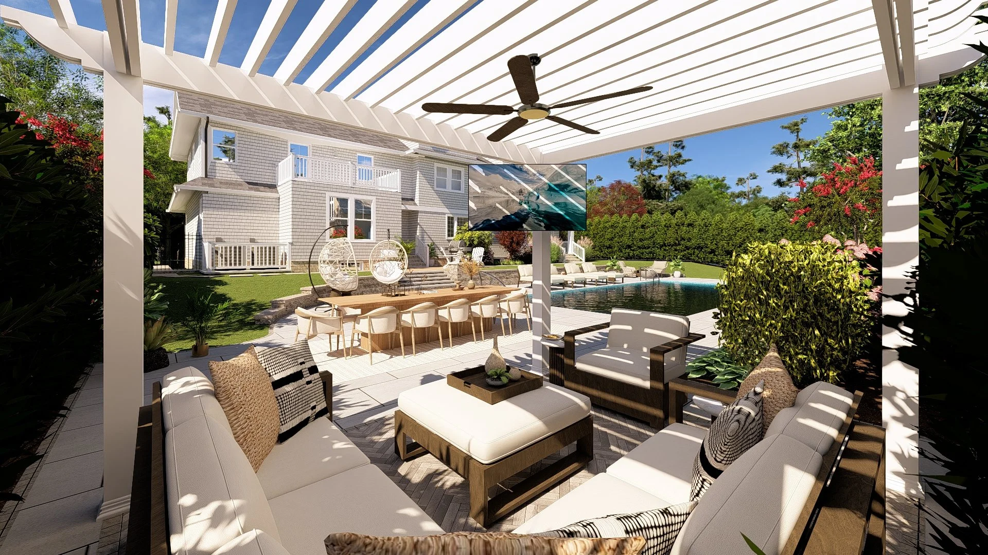 Coastal Backyard with Retaining Wall, Pool Patio, Pergola Area & Waterfall