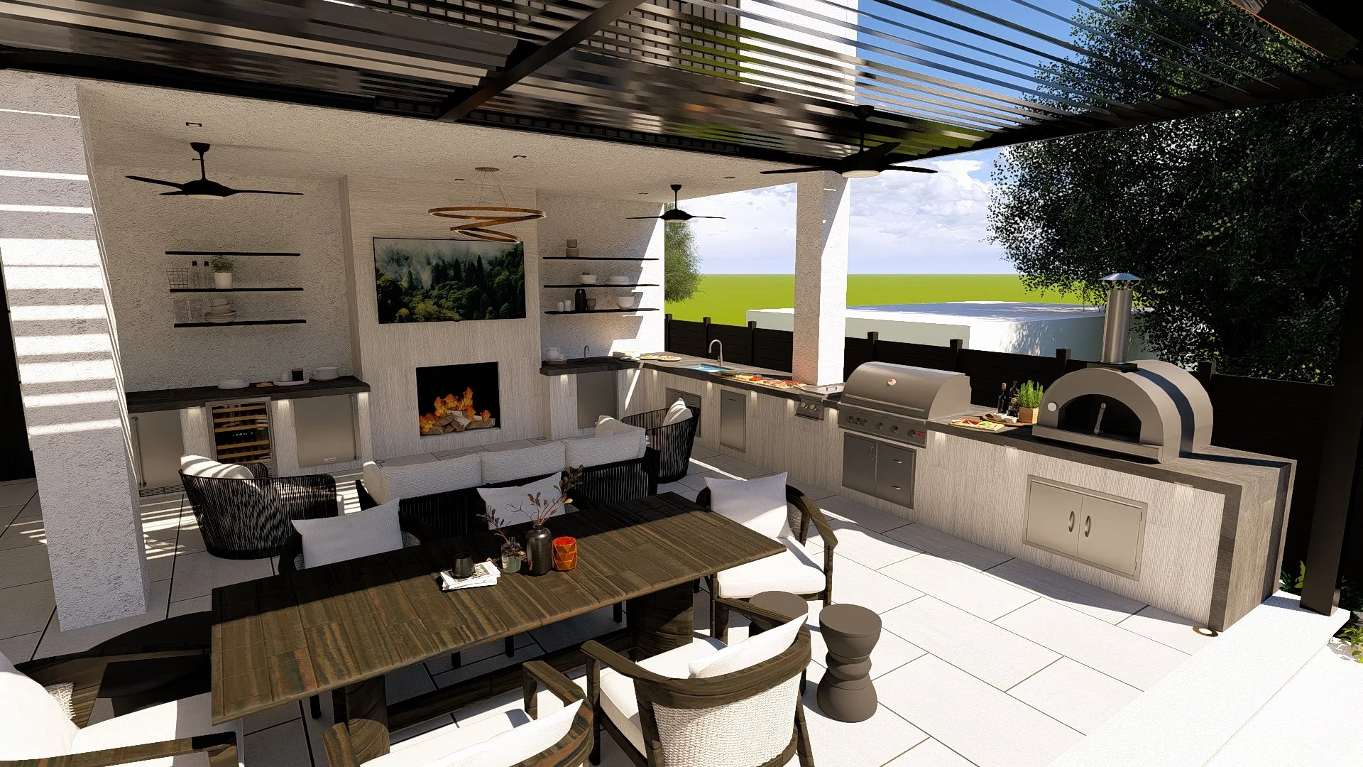 Contemporary Backyard with Covered Outdoor Kitchen Area, Pool, Patio and Putting Green